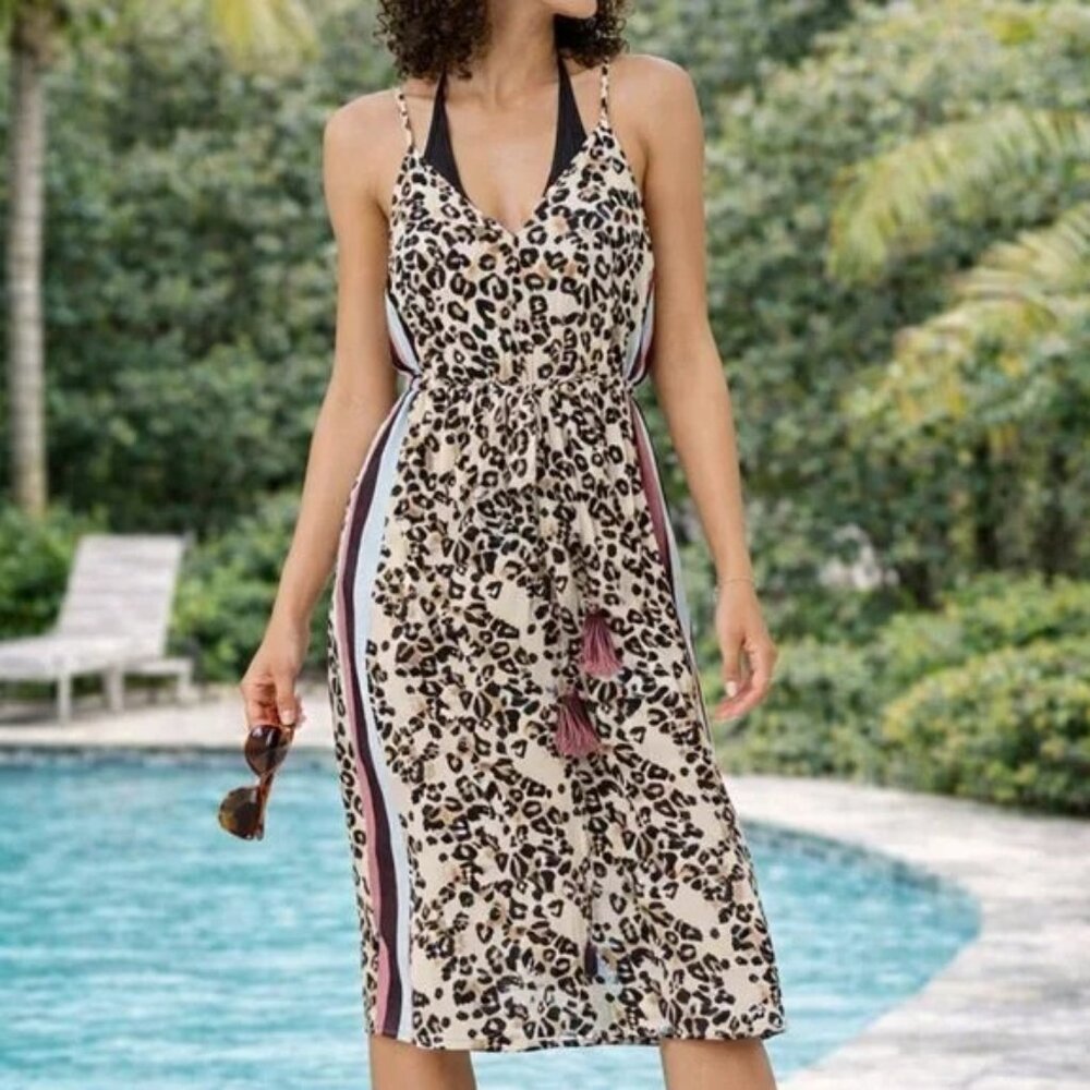 Miken Leopard Print Swimsuit Cover-Up Midi Dress Tie Waist V-Neck NWT Small
